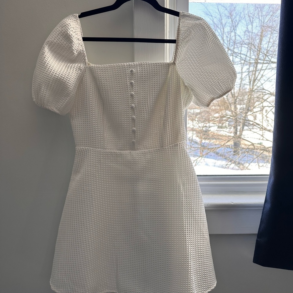 Lulu's White Textured Mini Dress with Puff Sleeves